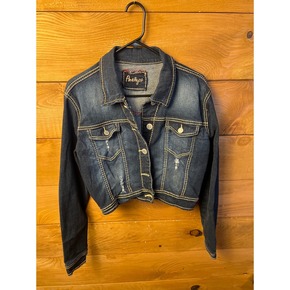 Amethyst Denim Jacket Women's Size L Distressed Cropped Dark Wash Streetwear Y2K